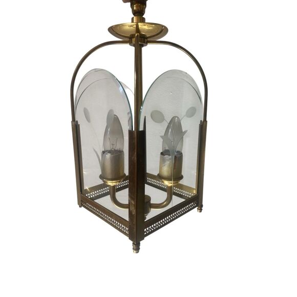 Vintage Brass and Etched Glass Hall Lantern Light Pendant Flush Mount Floral Mot - Picture 1 of 12